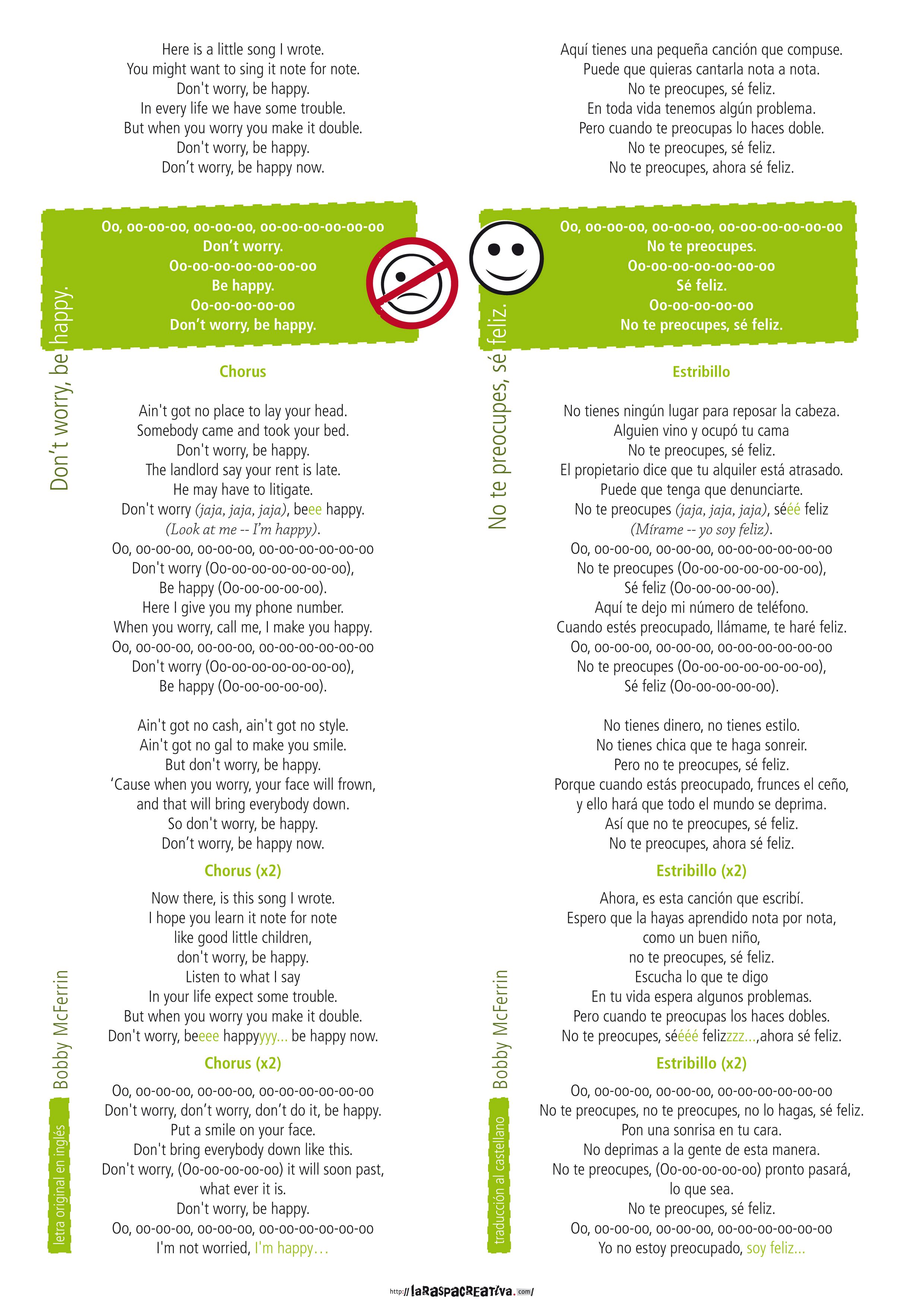 Letra traducida Don't worry be happy de Bobby McFerrin